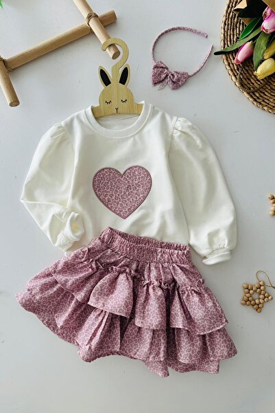 Minigimin Cicileri My Little One's Heart Patterned Girl's Set with Leopard Sk...