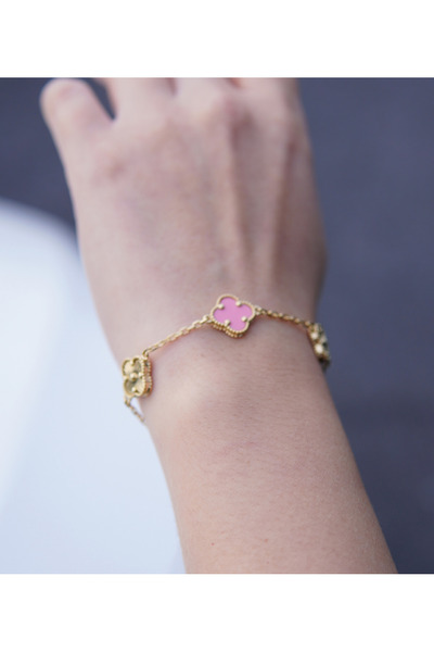 Amora Perla Jewelry 925 Ayar Gümüş Pembe Yonca Model Bileklik – 14 Ayar Altın...