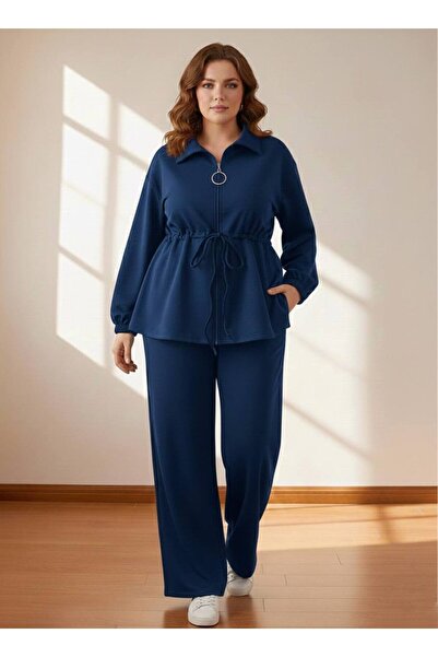 Butik Nilyam Women's Plus Size Waist Tie Detailed Zippered Cardigan Tracksuit...