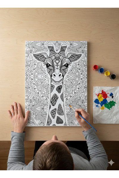 dudugift 25x35 Resimli Tuval Boyama Seti - ZÜRAFA - 6 renk akrilik boya ve 2 ...