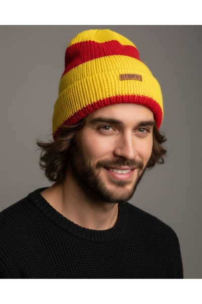 Çimen Butikk Hand Knitted Yellow Red Unisex Beanie