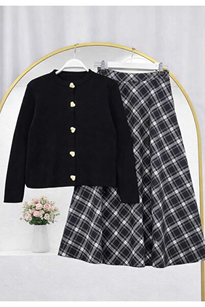 MODA VEDAT Women's Heart Button Knit Cardigan - Plaid Patterned Scuba Skirt Set