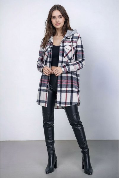 MAMAYAGA Women's Patterned Color-Block Flannel Oversized Wide-Fit Casual Pocketed Hooded Long-Length Shirt Jacket