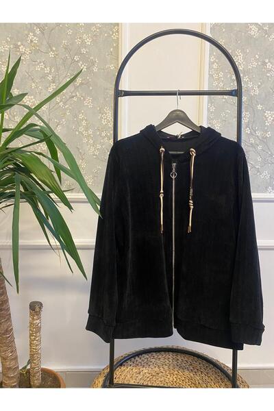 Park Moda Siyah Fitilli Kadife Dokulu Kapüşonlu Fermuarlı Hırka