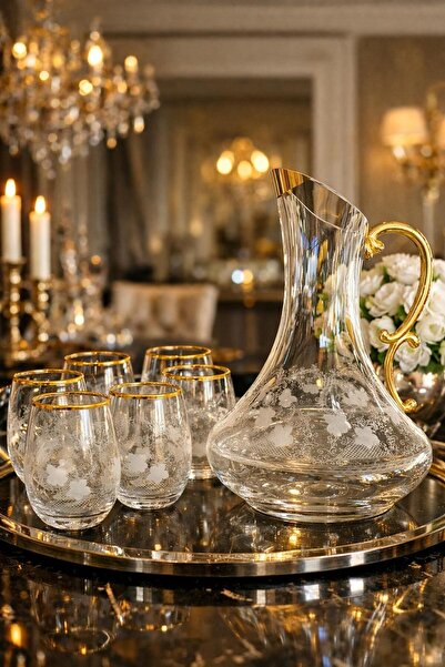 kısmet kristal 7 Piece Water Set with Gilt Detailing, 6 Glasses and Stylish J...