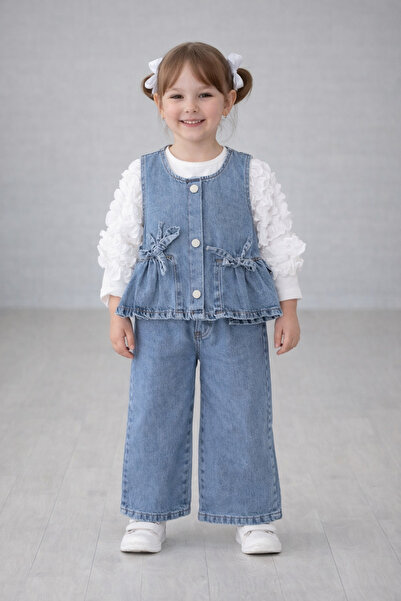 İncilay Girl's 3-Piece Denim Vest Blouse Pants Set 6-10 Years Old