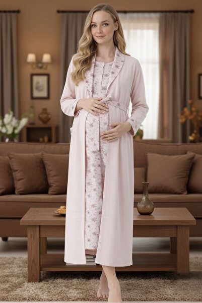 Lohusa Homewear Women's Powder Shawl Collar Floral Pattern Long Sleeve Pocket...