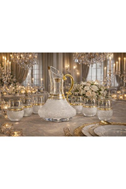 kısmet kristal 7 Piece Water Set with Gilt Detailing, 6 Glasses and Stylish J...