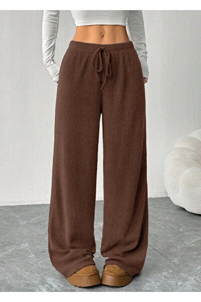 Hera Moda Women's Brown Color Waist Tied Wide Leg New Rib Knit Pants