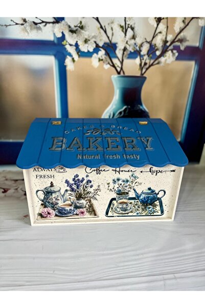 Bypinaryuksel Blue Kitchen Patterned Wooden Bread Box