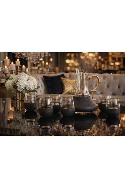 kısmet kristal 7 Piece Water Set with Gilt Detailing, 6 Glasses and Stylish J...