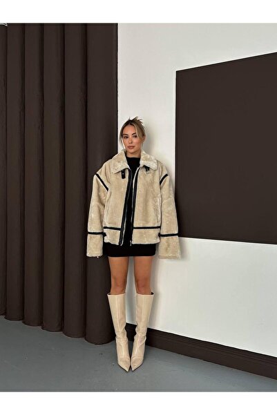 KOKA FASHION Kadın Fermuarlı Peluş Kürk Ceket