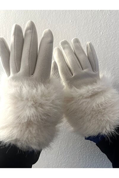 ALS Tasarım Dünyası Beyaz Peluş Tüylü Kışlık Dokunmatik Eldiven