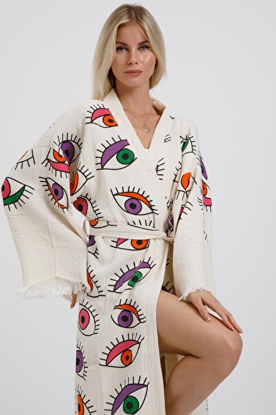 Befera Design Muslin Kimono 100% Cotton Eye Printed Patterned Bathrobe Kaftan...
