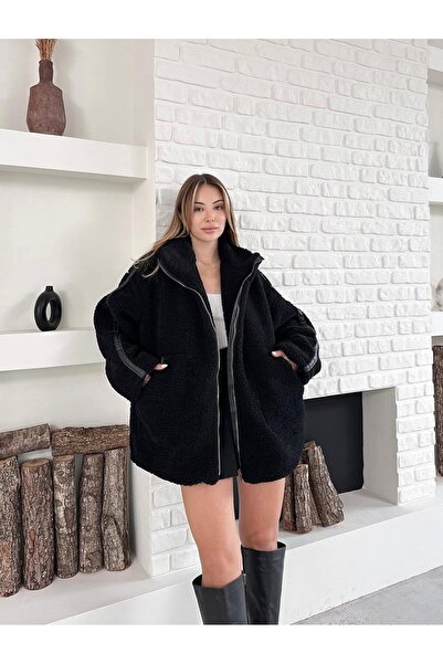 KOKA FASHION Kadın Oversize Fermuarlı Peluş Ceket