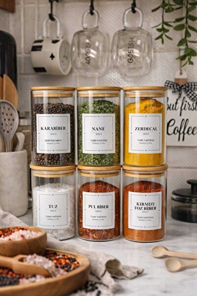 Durina Living Bambu Kapaklı Cam 6 li Baharatlık Seti 250 ml Kaşıklı Etiketli ...
