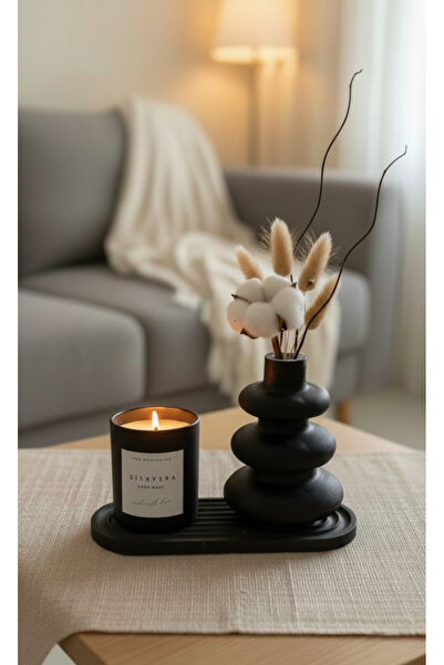 DİSAVERA El Yapımı Siyah Dekoratif Vanilya kokulu Beton Mum, Vazo ve Tepsi Ma...
