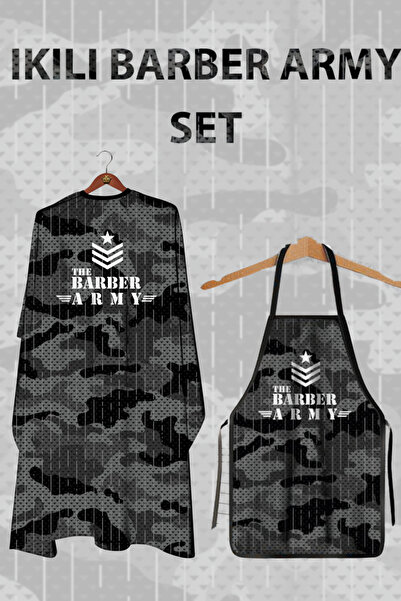 The Barber Fashion İkili Barber Army Set Kamuflaj Gri Dijital Penuar & Önlük Set