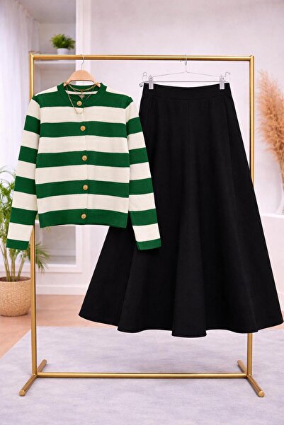 ÇALIŞKAN MODA Gold Buttoned Knitwear Striped Cardigan Flawed Skirt Double Set...