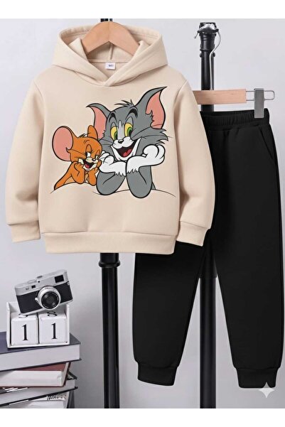 Nice Clothes طقم رياضي للأطفال بغطاء للرأس للجنسين طباعة توم وجيري جنبًا إلى جنب