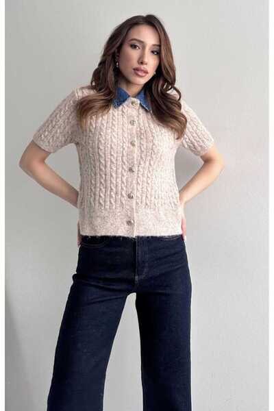 yeditepe fashion Soft Textured Wool Blend Knit Cardigan with Jean Collar