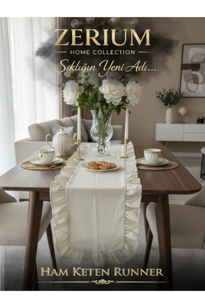 ZERİUM Natural Look Special Design Ruffled Linen Runner Real Natural (Natural)