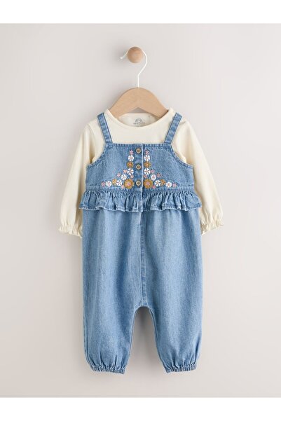 Next Baby Cotton Blue Embroidered Denim Long-Sleeve Overalls Bodysuit Set