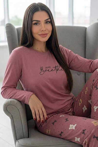 Pijamaevi Powder Breathe Patterned Long Sleeve Bamboo Knitted Women's Pajama Set