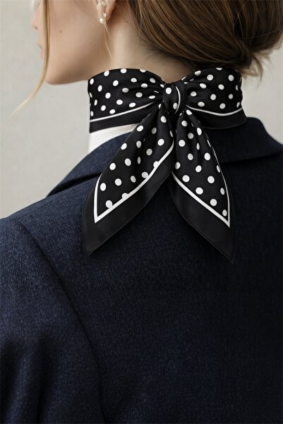 MOORİ Kadın Siyah Beyaz Puantiye Desenli İpeksi Saten Fular 70x70 cm – Zamans...