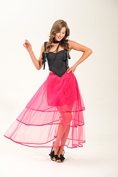 Rose Quenn Üç Katlı Tülden Etek Ucu Biyeli Kısa Astarlı Tül Etek