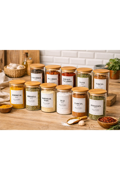 Durina Living 12'li Bambu Vakum Kapaklı Borosilikat Cam Kaşıklı Baharatlık Ta...