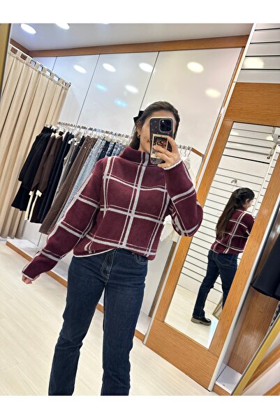 inmuse Mock Neck Plaid Patterned Knitwear Sweater