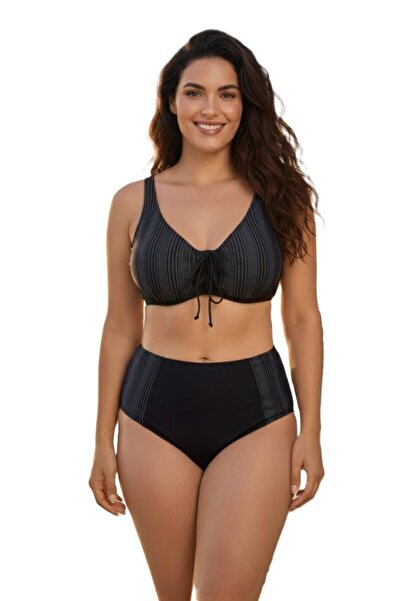 Donnita Büyük Beden Toparlayıcı Siyah Gri Göğüs Pedli Hızlı Kuruyan Bikini Ta...