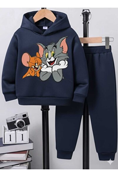 Nice Clothes طقم رياضي للأطفال بغطاء للرأس للجنسين طباعة توم وجيري جنبًا إلى جنب