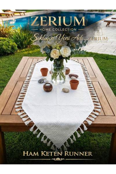 ZERİUM Tasseled Special Design Bohemian Ruffled Linen Runner Real Natural (Na...