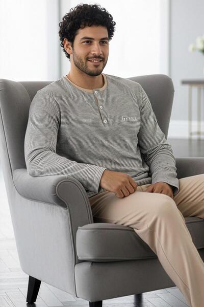 Pijamaevi Beige Patterned Stylish Men's Long Sleeve Pajama Set