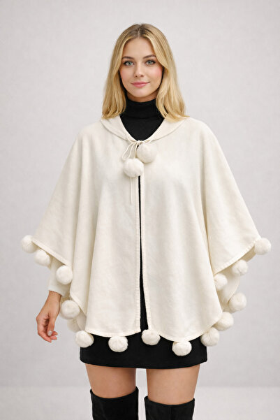 Şirin Giyim Aksesuar Екрю Панчо з помпонами Жіночий екрю з капюшоном - Premiu...