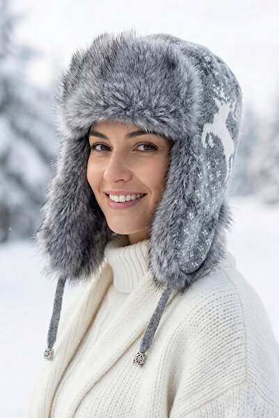 Kapin Premium Alpaca Wool Deer Pattern Fur Winter Earflap Pilot Hat - Gray