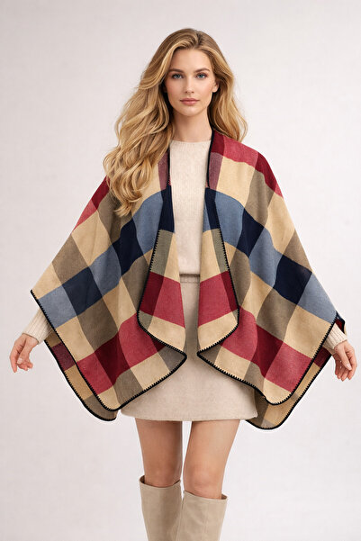 Şirin Giyim Aksesuar Πόντσο Γυναικείο με Ανοιχτό Μπροστινό Μέρος, Καρό - Σάλι...