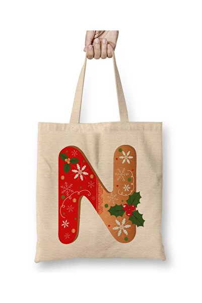 Toyaso Letter N White Cloth Bag Long Handle Shopping Bag Beach Bag