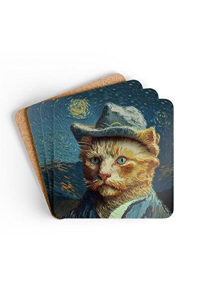 BASKIBAZAR Since 2020 طقم من 4 قطع خشبية مطبوعة بتصميم قطة فان جوخ، سماكة 5 م...