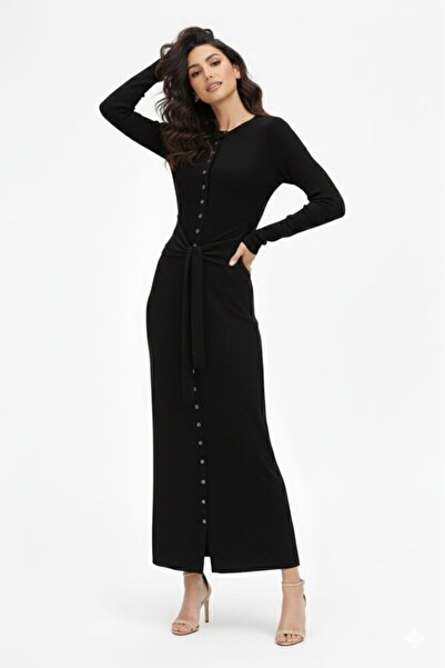 Cara Women's Knitwear Long Dress Belted Standard Size Buttoned Length Hijab C...