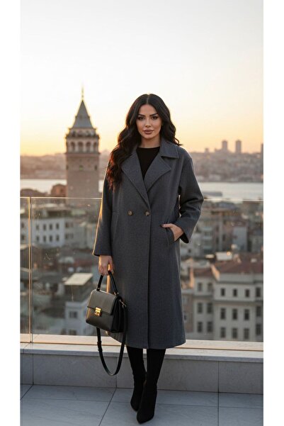 charme butik Women's Oversized Pattern Buttoned Lined Anthracite Premium Long...