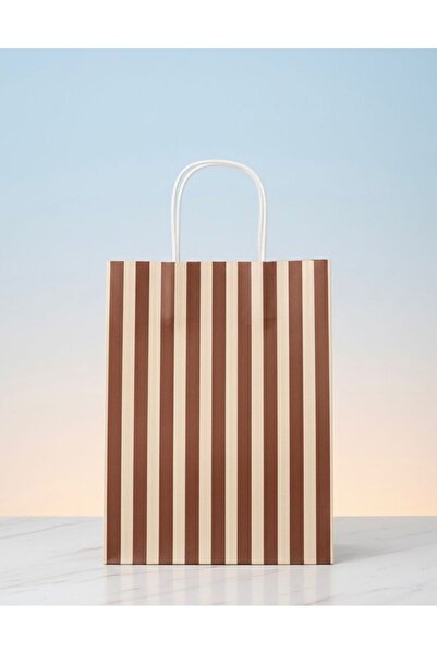 e Erta Çizgili Kahverengi Ve Krem Çizgili Kraft Çanta 25x31Cm 5 Adet Hediye Poşeti,Hediye Paketi Kraft Kağıt Çanta