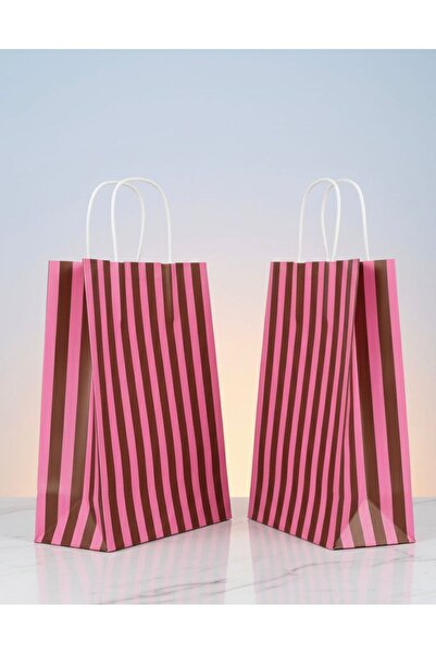 e Erta Çizgili Pembe Ve Kahverengi Çizgili Kraft Çanta 25x31Cm 10Adet Hediye Poşeti,Hediye Paketi Kraft Kağıt Çanta