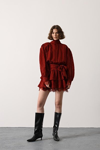 CKM MODA Rochie mini Aurelia, cu dantelă, cu mai multe straturi, roșu claret