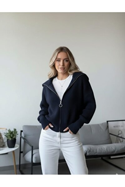 cheen Navy Blue Turn-Down Collar Zippered Knitwear Cardigan