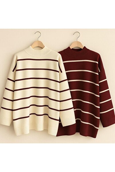 threeoff Pachet de 3 pulovere tricotate oversize, cu dungi negre și albe, roș...