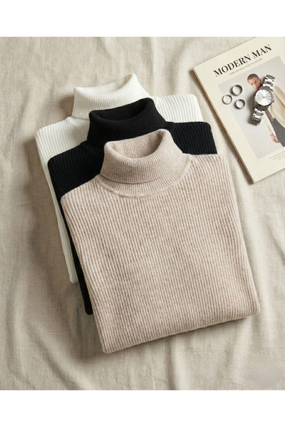 JAKARLI 3-Piece Black White Beige Turtleneck Sweater Transitional Savior Piec...
