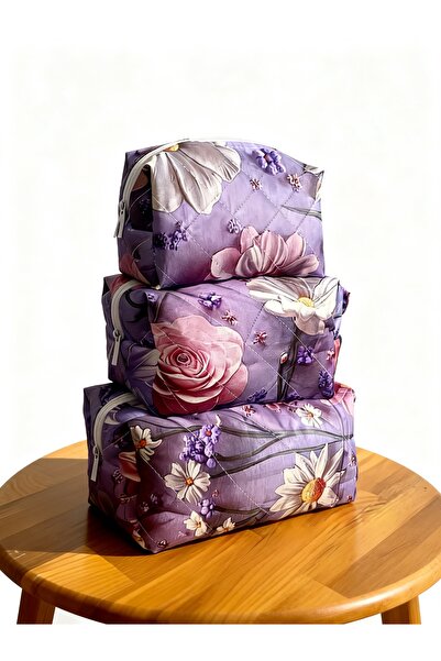 Bestway ve Diğeri Set of 3 Quilted Zippered Makeup Bags – Purple Floral Patte...